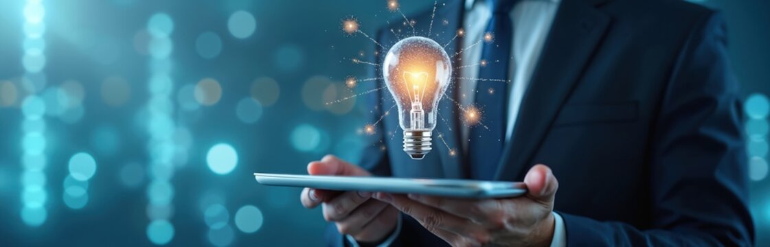 Man in suit holds tablet, glowing light bulb above. Digital marketing concept, new ideas, business growth, and innovation are shown. Technology connects data on global network. - Powered by Adobe