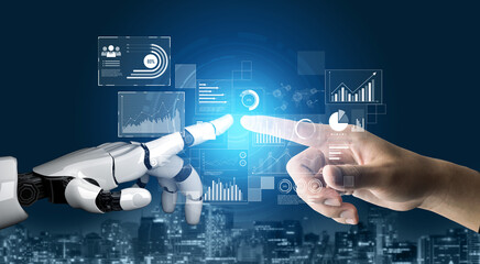 AI interacts with data analytics dashboard, reading trends, improving decisions, and enhancing...