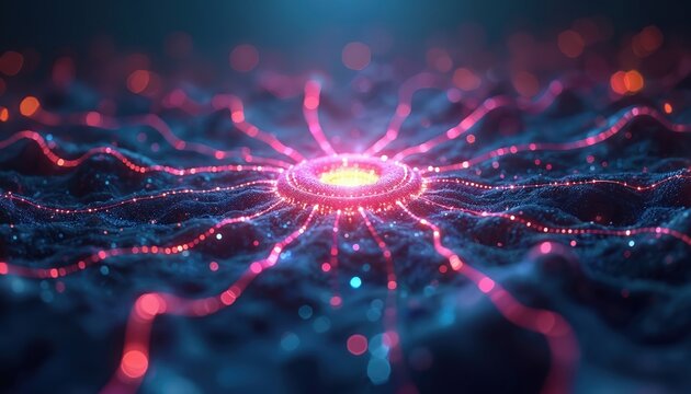 Abstract neural network data flow with glowing pink lines, nodes on dark blue background. Central hub emits bright light, connecting to surrounding network. Pink, blue dots, wavy lines create