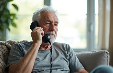 Serious elderly man with grey hair talks on retro landline telephone. Worried senior sits on sofa, difficult conversation. Lonely old person listens to bad news, feels sad, concerned during phone