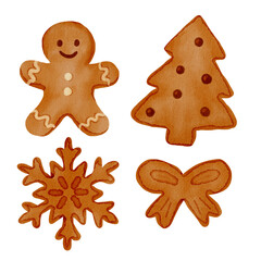 Watercolor Christmas clipart bundle with gingerbread cookies, tree, ornaments, holly, Santa and snowman for holiday design