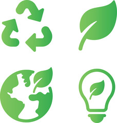 Collection of green eco-friendly and sustainability icons. Clean environment, nature, and renewable energy symbols including leaf, recycle, and earth icons. Modern minimal vector illustration
