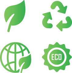 Collection of green eco-friendly and sustainability icons. Clean environment, nature, and renewable energy symbols including leaf, recycle, and earth icons. Modern minimal vector illustration