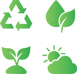 Collection of green eco-friendly and sustainability icons. Clean environment, nature, and renewable energy symbols including leaf, recycle, and earth icons. Modern minimal vector illustration