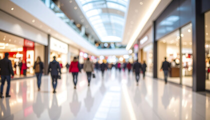 Blurred shopping mall interior with people walking and bright lighting, creating lively and busy atmosphere in modern retail space