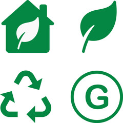 Collection of green eco-friendly and sustainability icons. Clean environment, nature, and renewable energy symbols including leaf, recycle, and earth icons. Modern minimal vector illustration