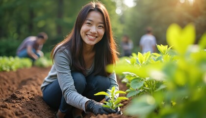 Smiling asian woman plants seedling in community garden. People work outdoors in farm rows on sunny day. Growing organic vegetables, healthy food cultivation.
