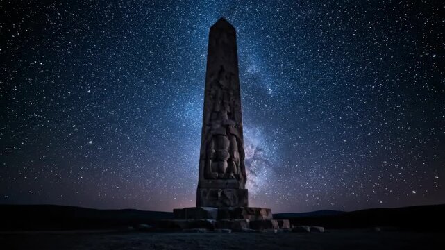 Milky Way arching over ancient obelisk at night. Stars and galaxy illuminating tall stone monument on rocky terrain. Documentary footage of astronomical landscape and historical relic.