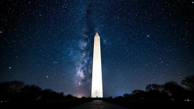 Tall white obelisk under milky way galaxy in starry night sky. Dark trees and path frame the landmark structure. Real documentary footage of celestial astronomy view.