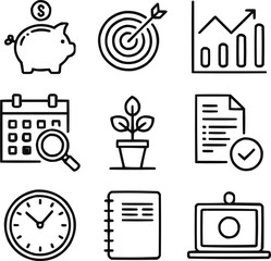 Financial Planning Outline Icon Collection Savings, Target, Growth, and Monthly Reports