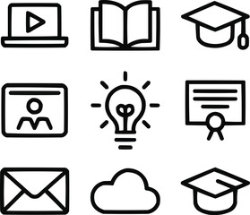 Online Education Outline Icons Set Laptop, Graduation Cap, Book, and E-Learning Tools