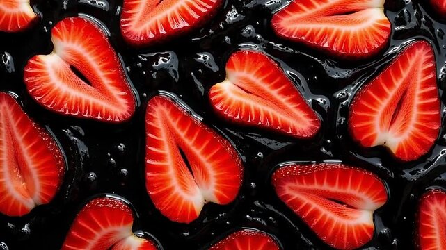 Vibrant strawberry slices floating in dark glistening liquid, a refreshing and sweet close-up.