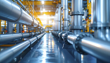 Industrial metal pipes in large factory setting with bright lighting and reflective surfaces, showing clean and organized oil or gas processing plant environment