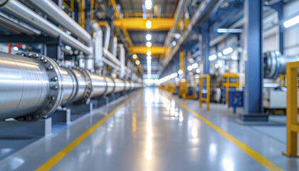 Fototapeta premium Industrial pipeline with metal pipes and soft reflections in spacious factory corridor, showcasing modern oil industry workspace with bright lighting and clean environment