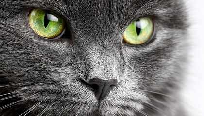 Regal Russian Blue Cat with Stunning Emerald Eyes, Cute Charm, and Mystique on White Background