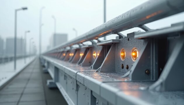 Modern bridge section with integrated sensors. Steel structure has embedded lights for monitoring. Infrastructure technology in urban fog. Smart city systems for safety.