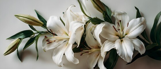 Group of radiant white lilies and unopened buds displayed horizontally against a light background