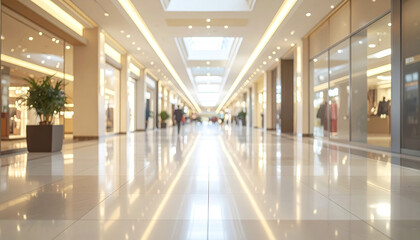 Fototapeta premium Bright softly blurred shopping mall corridor with polished floor reflections and warm lighting creating calm and inviting atmosphere in modern retail space