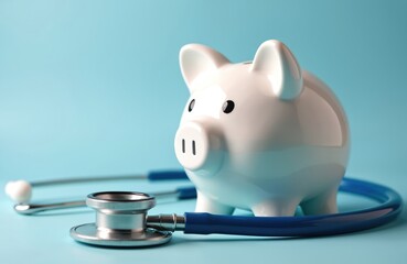 Piggy bank with stethoscope symbolizing financial health and savings for medical costs. White pig near blue medical device on light blue background. Affordable care concept.
