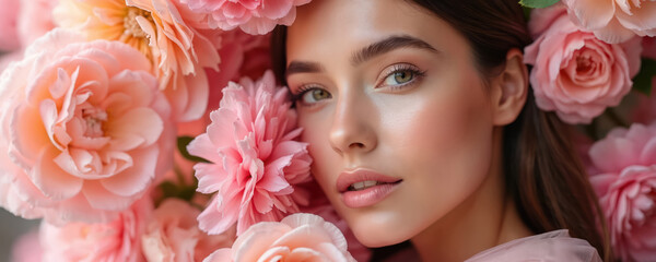 Close up photo of young woman in pink flowers. Girl has soft skin makeup and looks into camera. Beauty floral concept for shop banner or salon ad.