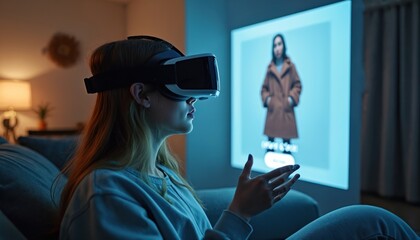 Young woman uses virtual reality headset at home relaxing on sofa. She explores online clothing store via immersive digital experience in her living room. Evening leisure, futuristic shopping concept.