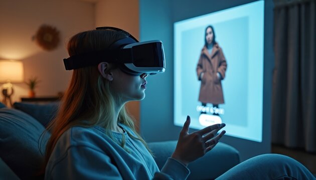 Young woman uses virtual reality headset at home relaxing on sofa. She explores online clothing store via immersive digital experience in her living room. Evening leisure, futuristic shopping concept. - Powered by Adobe