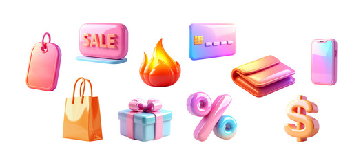 Set of shopping clipart elements, word SALE, percent sign, gift box, shopping bag, dollar sign, wallet, mobile phone, credit card, price tag, fire isolated. 3d rendering. PNG transparent background