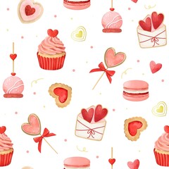 Watercolor hand drawn Valentines Day sweets seamless pattern. Romantic pattern