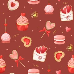 Watercolor hand drawn Valentines Day sweets seamless pattern. Romantic pattern