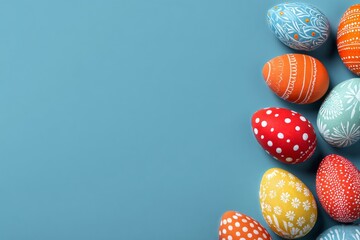 Colorful Easter Eggs Scattered on a Bright Blue Surface During Spring Celebrations