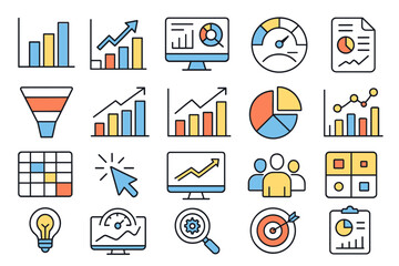 A set of icons related to data analysis, statistics, and business metrics is presented in a colorful stylized design on a white background.