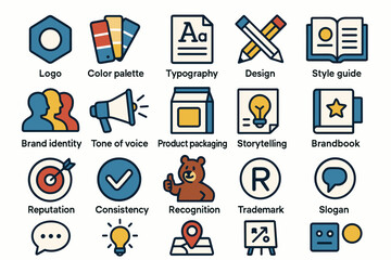 A set of icons related to branding and design, in a colorful stylized design on a white background.