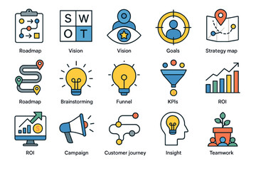 A set of icons related to business strategy and marketing, in a colorful stylized design on a white background. The icons are made in a combination of blue, yellow, and green colors with a flat design