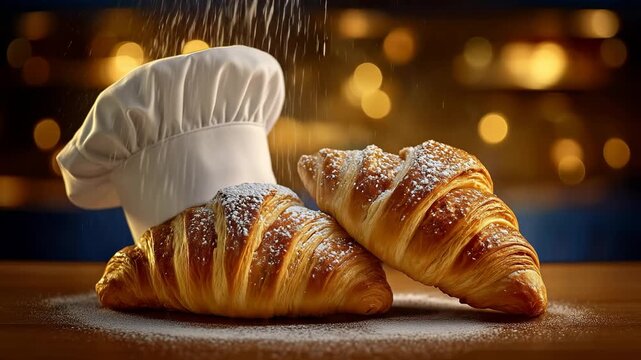 Chef hat rests beside golden croissants dusted with flour. Warm kitchen atmosphere enhances cozy baking experience. Concept of bakery, pastry shop, gourmet cuisine