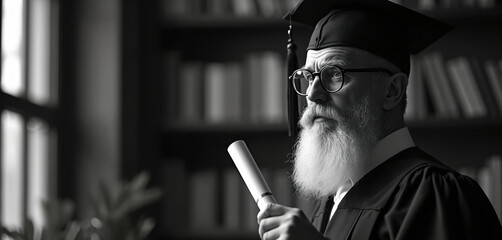 An older professor at graduation. He wears a gown cap and holds a diploma. Bookshelves fill background. Scholar celebrates academic accomplishment in monochrome photo.