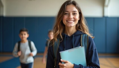 Female physical education teacher holds Smiling Gym folder behind for students to exercise. Standing in gym with children running. Woman backpack on, smiling at camera. Students in background.