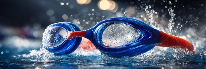 Vibrant Blue Swimming Goggles Floating on Water Surface, Capturing Light Reflections and Ripples