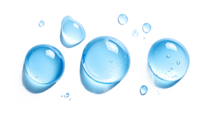 透明なブルーの水滴が並ぶ保湿美容成分のマクロイメージ 青いジェルのプルプルの水滴　ジェネレーティブAI