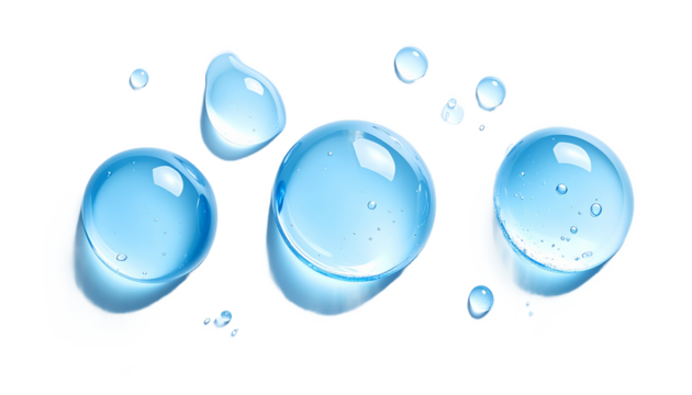 透明なブルーの水滴が並ぶ保湿美容成分のマクロイメージ 青いジェルのプルプルの水滴　ジェネレーティブAI