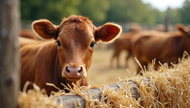 Close photo of brown calf at farm. Young cow with curious face looks straight. Cattle grazing at green field near hay fence. Rural life concept.