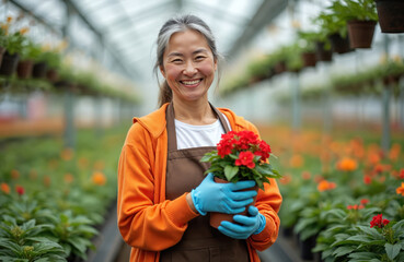 Smiling Asian woman holds red potted flower in bright greenhouse. Wears apron, blue gloves, looking happy. Mature female gardener enjoys plant nursery work, cultivating vibrant flowers for sale,