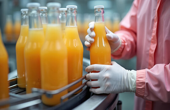 Worker in protective suit, gloves holds juice bottle. Check product quality on factory conveyor belt. Beverage production line fills many glass bottles in food plant, ensuring safety, hygiene for