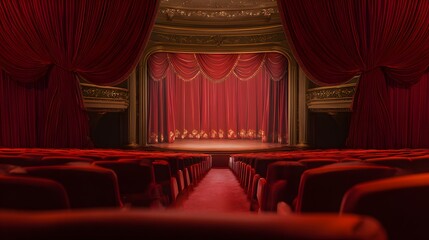 Majestic theater interior grand opening night luxurious red seats velvet curtains dramatic lighting cinematic atmosphere