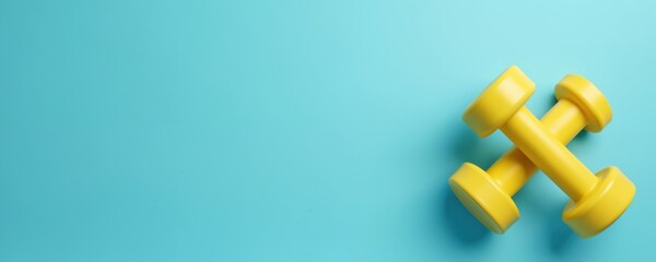 Two yellow dumbbells on blue background with copy space. Fitness equipment for workout, exercise. Sport, healthy lifestyle concept. Minimal design with bright colors. Dumbbells crossed, cast shadow