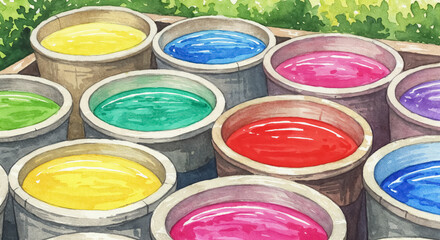 Watercolor Buckets Filled With Vibrant Paint Colors
