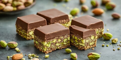 Elegant display of assorted homemade sweets, including pistachio kadayif and rich chocolate squares.