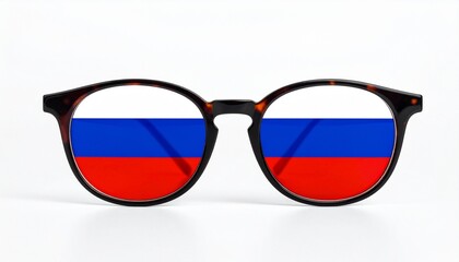A pair of round eyeglasses with tortoiseshell frames, featuring lenses that display the Russian flag