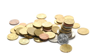 European, Icelandic and Danish coins isolated on white background