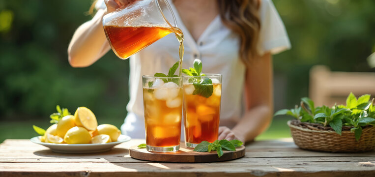 Woman pouring iced tea from pitcher into glasses. Two full glasses with ice cubes and mint. Lemons on plate decorate wooden table. Refreshing summer drinks on patio.