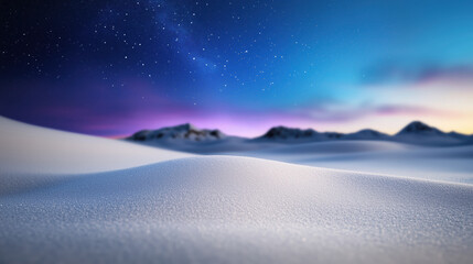 A large drift of white snow is in the foreground. A starry sky is in the background